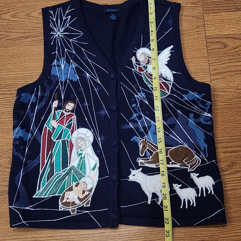 Westbound Women's Blue Vest with Embroidered Nativity Scene Size S - Picture 6 of 7
